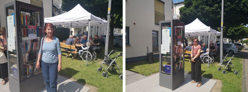 Sabine Pakulat (Foto links) von der Bürgerstiftung Köln und Mitinitiatorin Alice Stammen bei der Eröffnung des neuen Bücherschranks an der Geisbergstrasse.